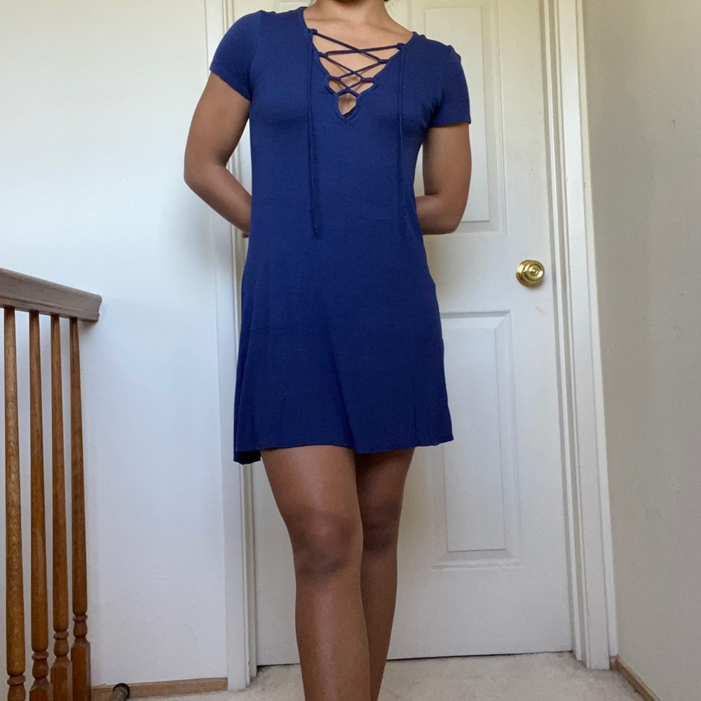 Casual blue dress with deep v neckline